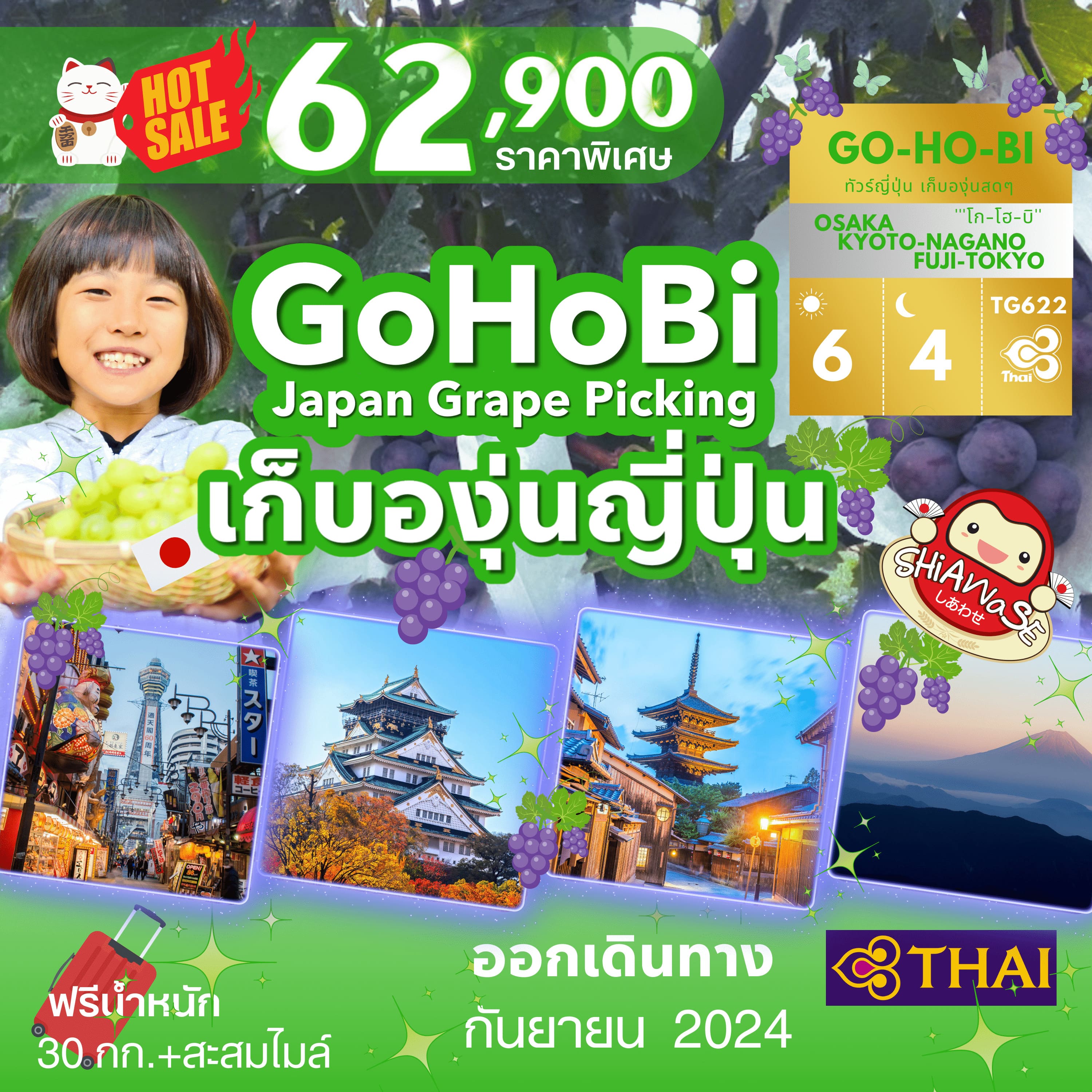 ทัวร์ญี่ปุ่น GOHOBI JAPAN GRAPE PICKING 6วัน 4คืน (TG)